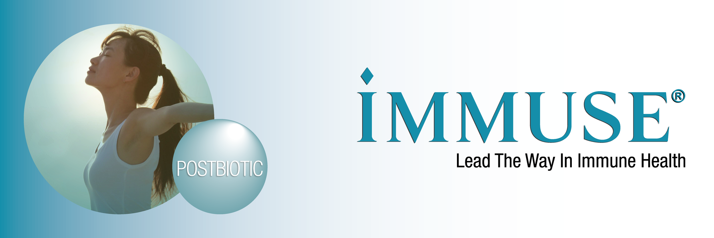 A woman with long hair tied in a ponytail standing outdoors with her arms stretched out, facing the sun, with a blue gradient background and the words 'IMMUSE Lead The Way In Immune Health'. A circular label says 'POSTBIOTIC'.