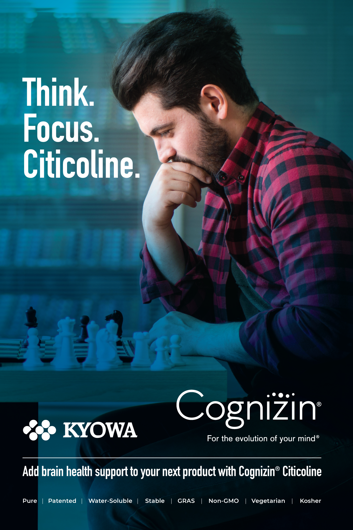 A man playing chess in an indoor setting with focus and concentration. The text on the image reads: "Think. Focus. Citicoline." and there are branding and product details for Cognizin Citicoline by Kyowa, emphasizing brain health support.