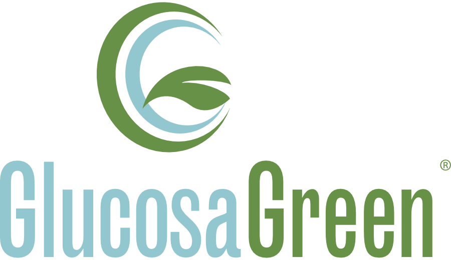 Logo with a stylized green and blue leaf inside a circle, and the text 'GlucoSaGreen' written below, with 'GlucoSa' in light blue and 'Green' in green.