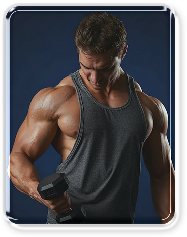 A muscular man wearing a sleeveless workout shirt, lifting a dumbbell with his right arm, looking down in a gym setting.