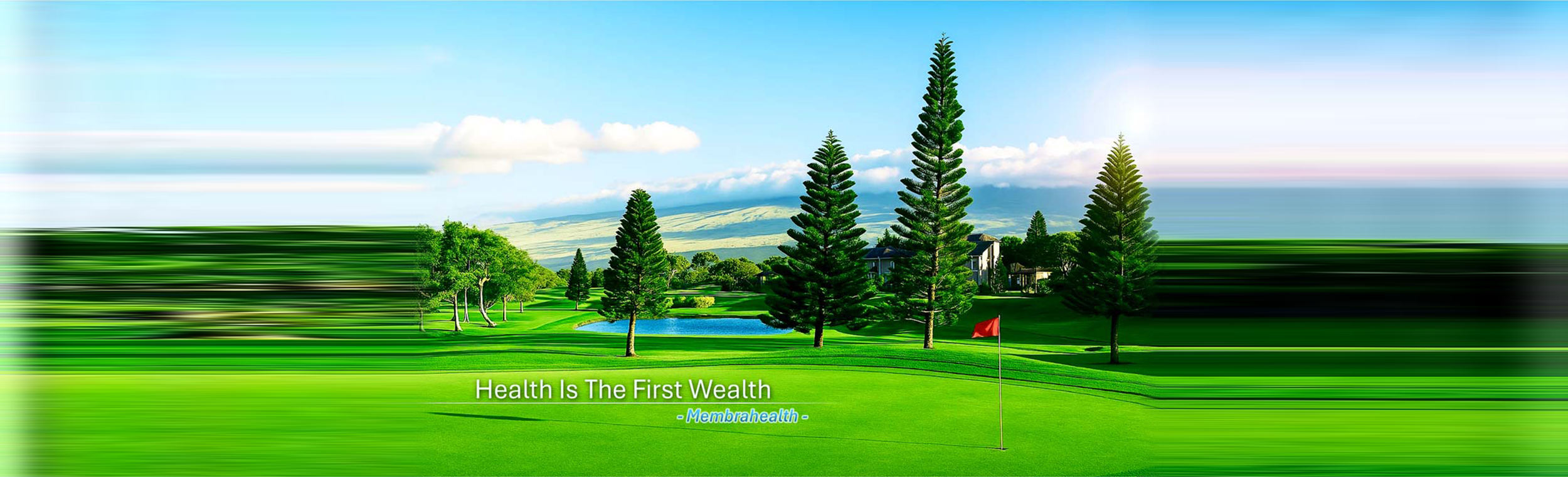 Scenic view of a golf course with a red flag on the putting green, tall pine trees, a pond, residential houses, and mountains in the background under a partly cloudy sky. The image contains the text 'Health Is The First Wealth - Membranealth'.