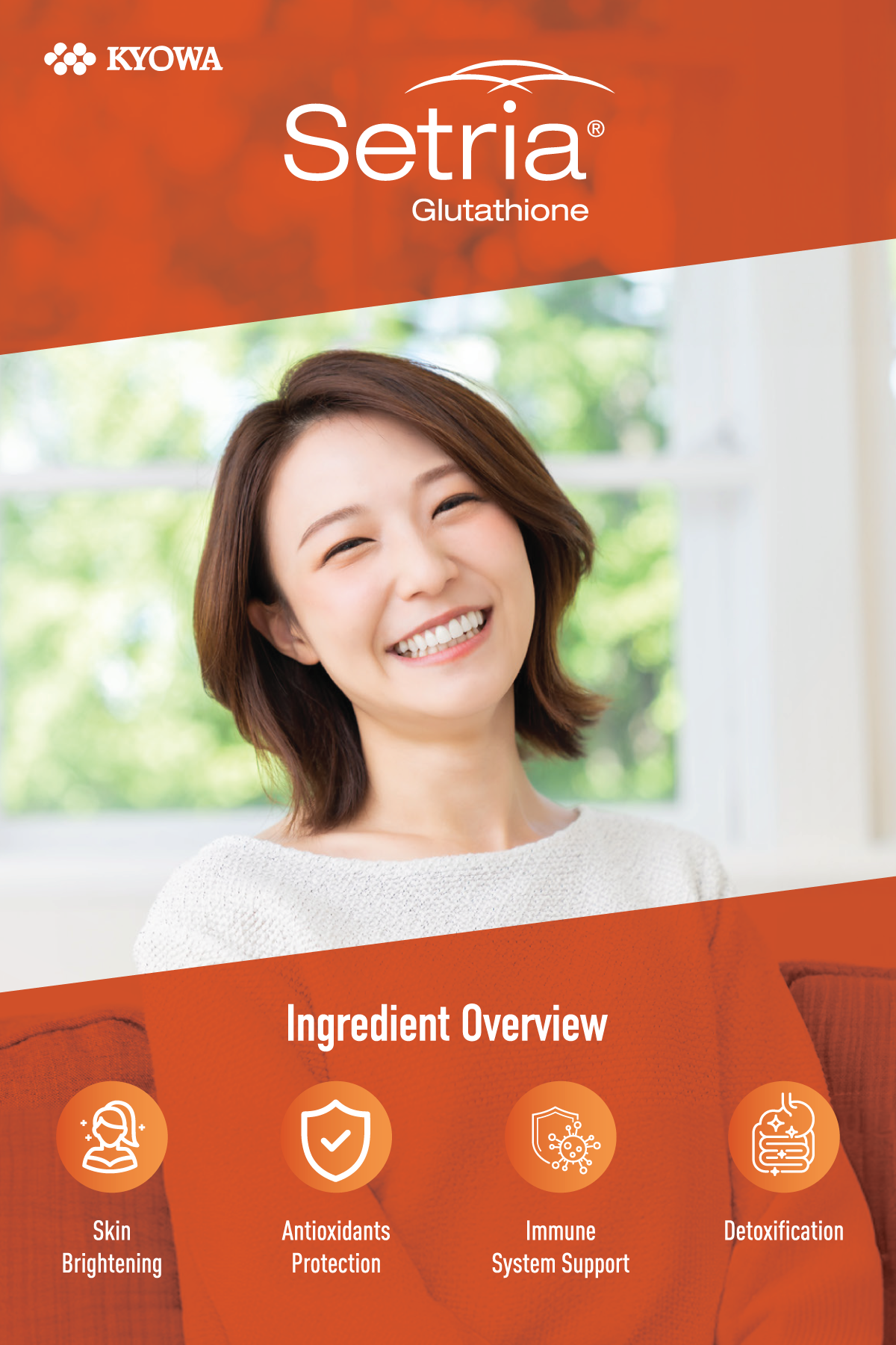 Image of a smiling woman with shoulder-length brown hair in front of a bright window with green scenery outside, with overlay text indicating 'Setria Glutathione' and 'Ingredient Overview,' along with icons and benefits such as skin brightening, antioxidants protection, immune system support, and detoxification.