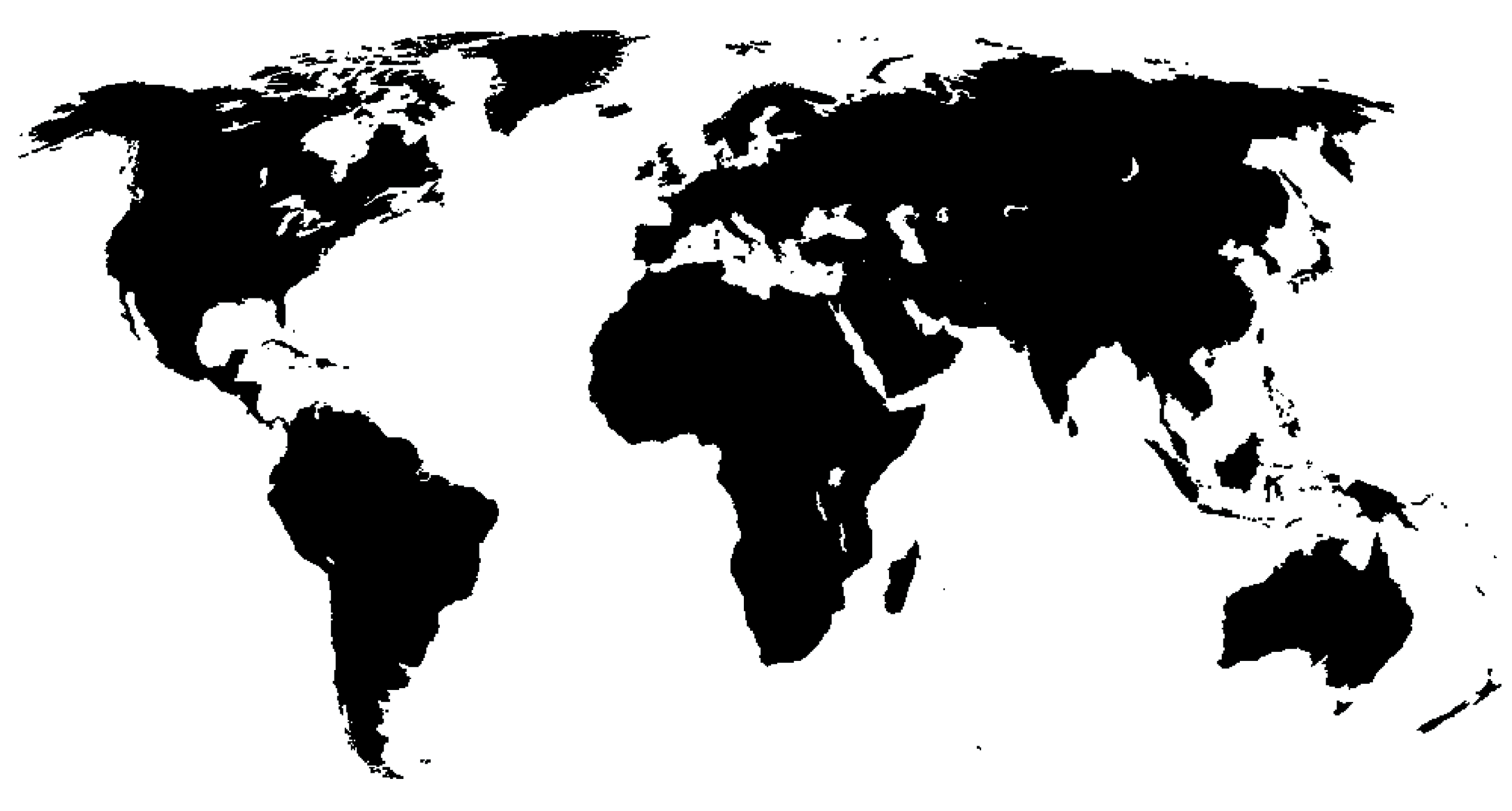 A black and white outline map of the world with countries and continents depicted.