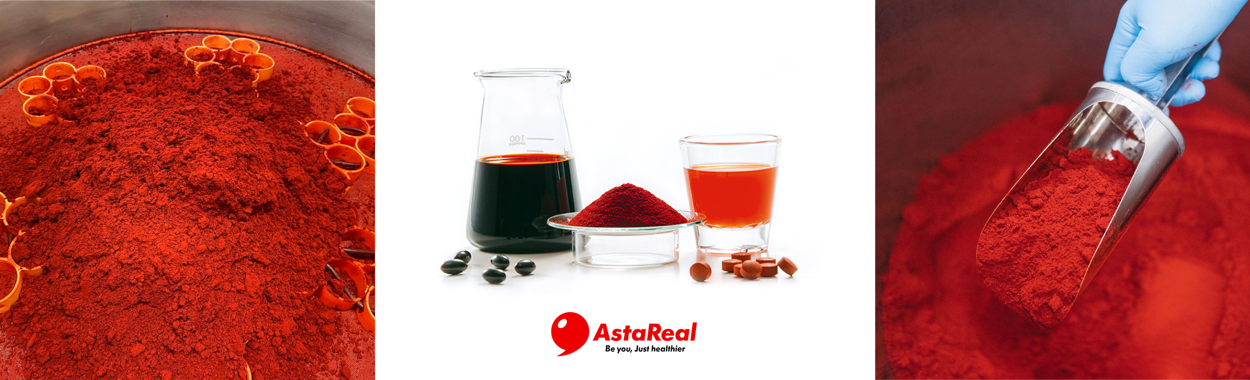 Images of a red powder supplement, with laboratory equipment, pills, and a scoop showing the product used in supplements, with the AstaReal logo and the tagline "Be you. Just healthier".