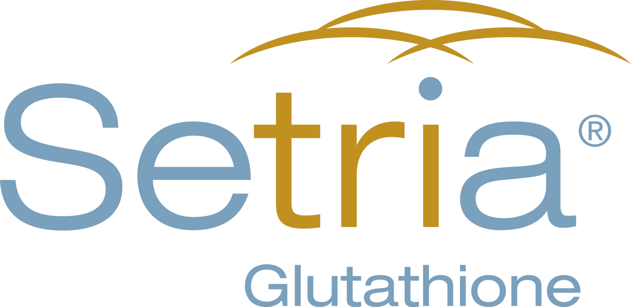 Text-based logo for 'Setra Glutathione' with gold and blue lettering on a black background.