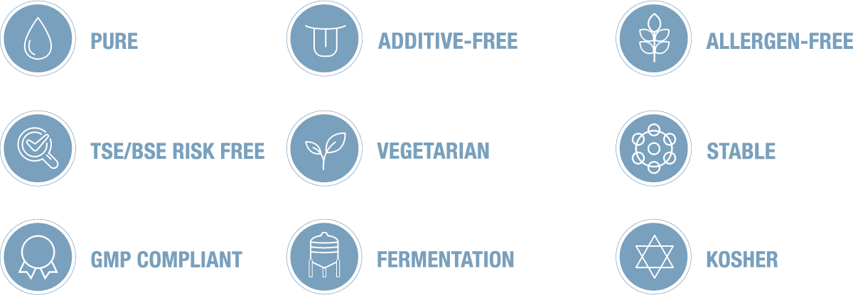 Icons with text describing product features: pure, additive-free, allergen-free, TSE/BSE risk free, vegetarian, stable, GMP compliant, fermentation, kosher.