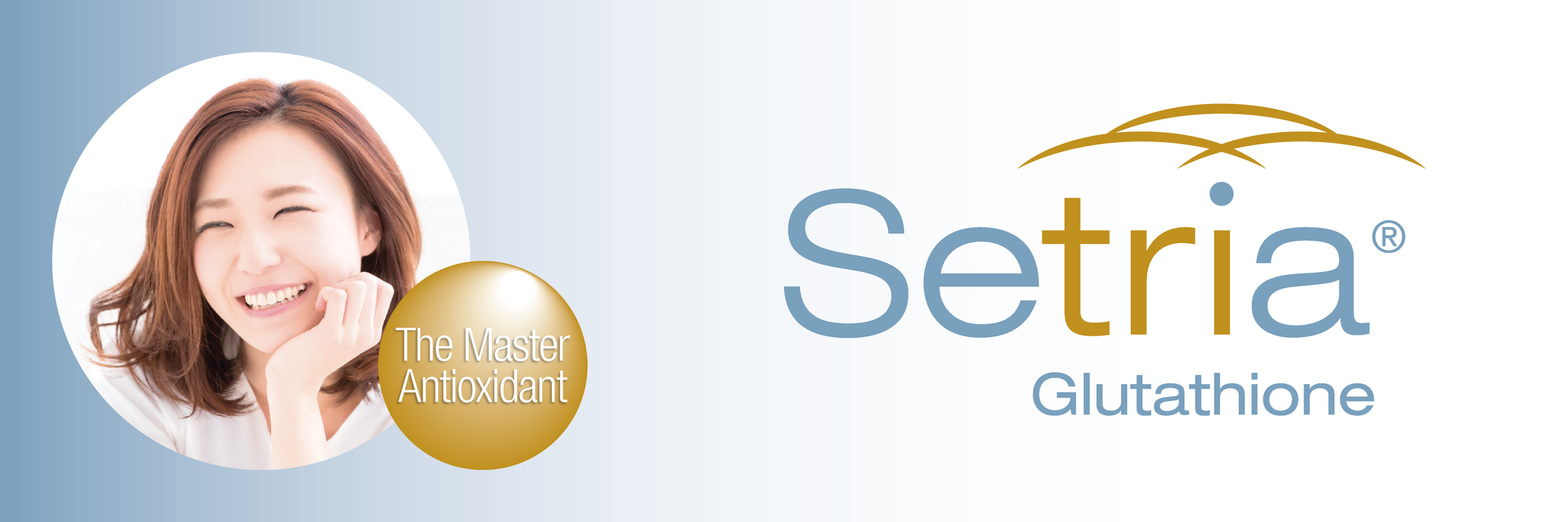 Package label for Setria Glutathione supplement featuring a smiling woman with brown hair and the text "The Master Antioxidant" on a gold circle, with the Setria logo and product name.