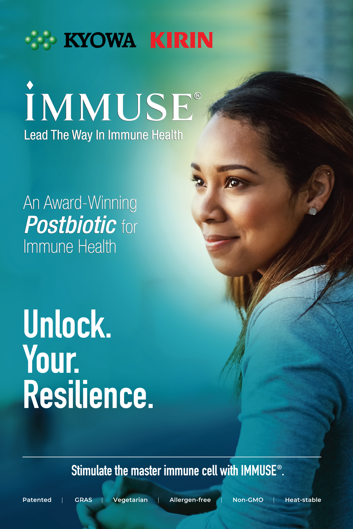 Packaging for Immuse, a postbiotic supplement for immune health by Kyowa Kirin. The box features a woman with dark hair and a light blue shirt, looking to the right. The text highlights immunity, resilience, and master immune cell stimulation with IMMUSE.