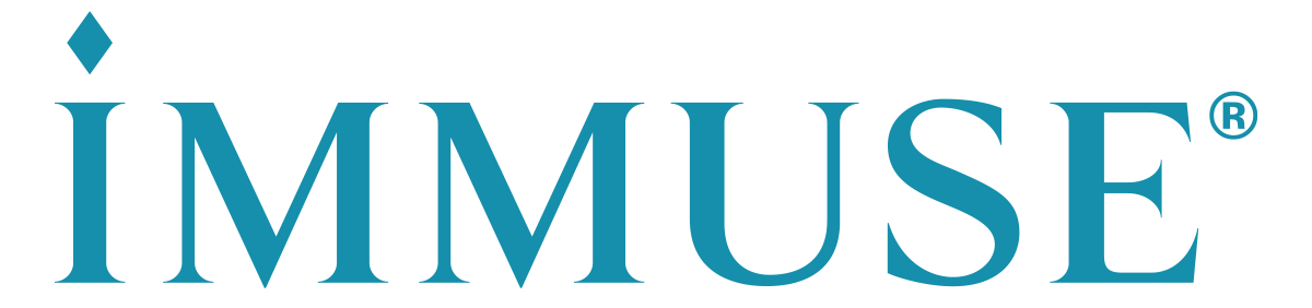 LOGO of the brand IMMUSE with a blue diamond shape on top.