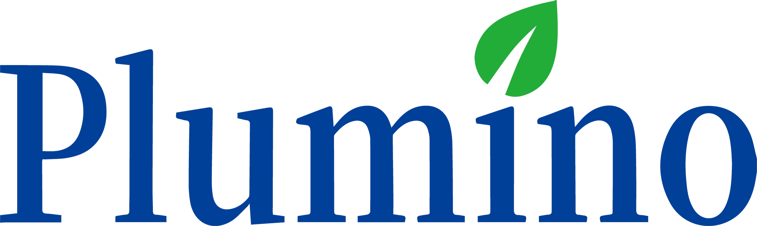 The logo for Pluming with the word 'Pluming' in blue font and a green leaf above the 'i'.