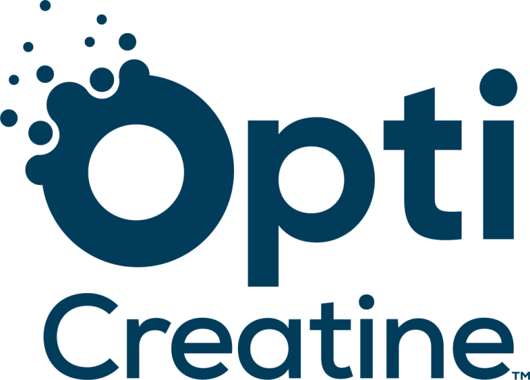 Opti Creatine logo with a stylized letter 'O' that looks like a splash or bubble, in dark blue color.