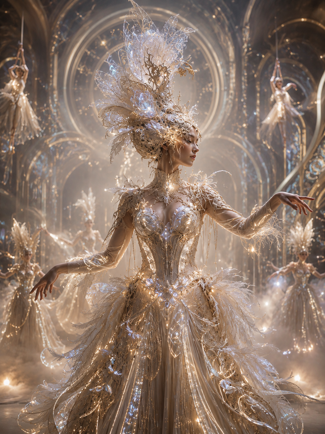 Grand immersive performance featuring a lead dancer in an AI-inspired couture costume with luminous wearables, surrounded by aerial artists and ensemble performers in a theatrical architectural setting.