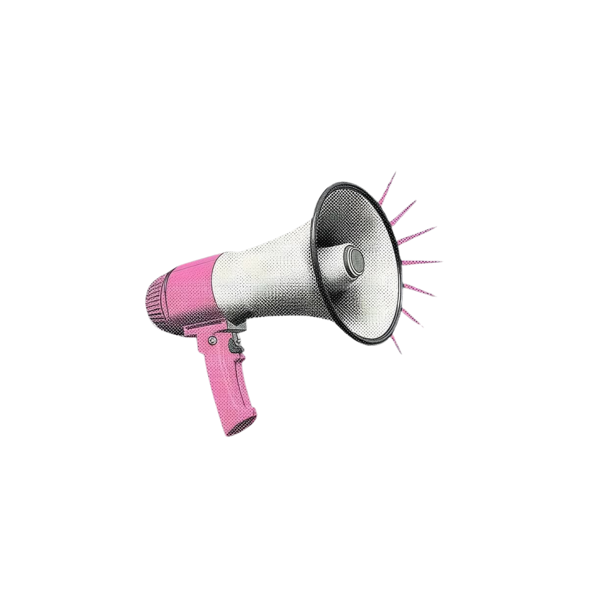 A stylized, pixelated image of a megaphone with sound lines emanating from it, set against a black background.