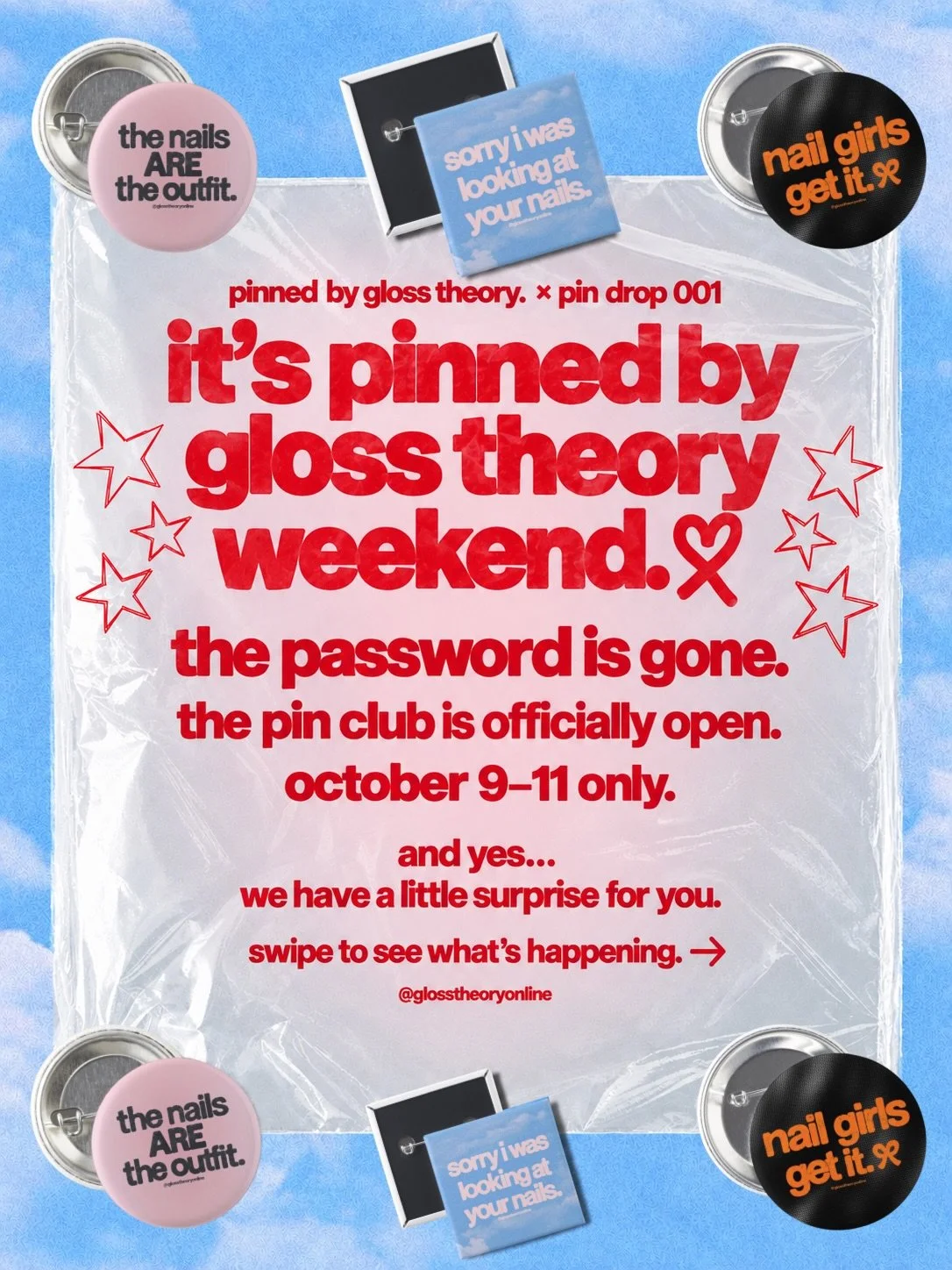 the nail girls get it. pin club is officially OPEN. ♡

girl, we made actual pins about being obsessed with nails. like&hellip; this is a real thing now.
~~~~~~~~~~~
introducing pinned by gloss theory. ~ pin drop 001, our very first collection of coll