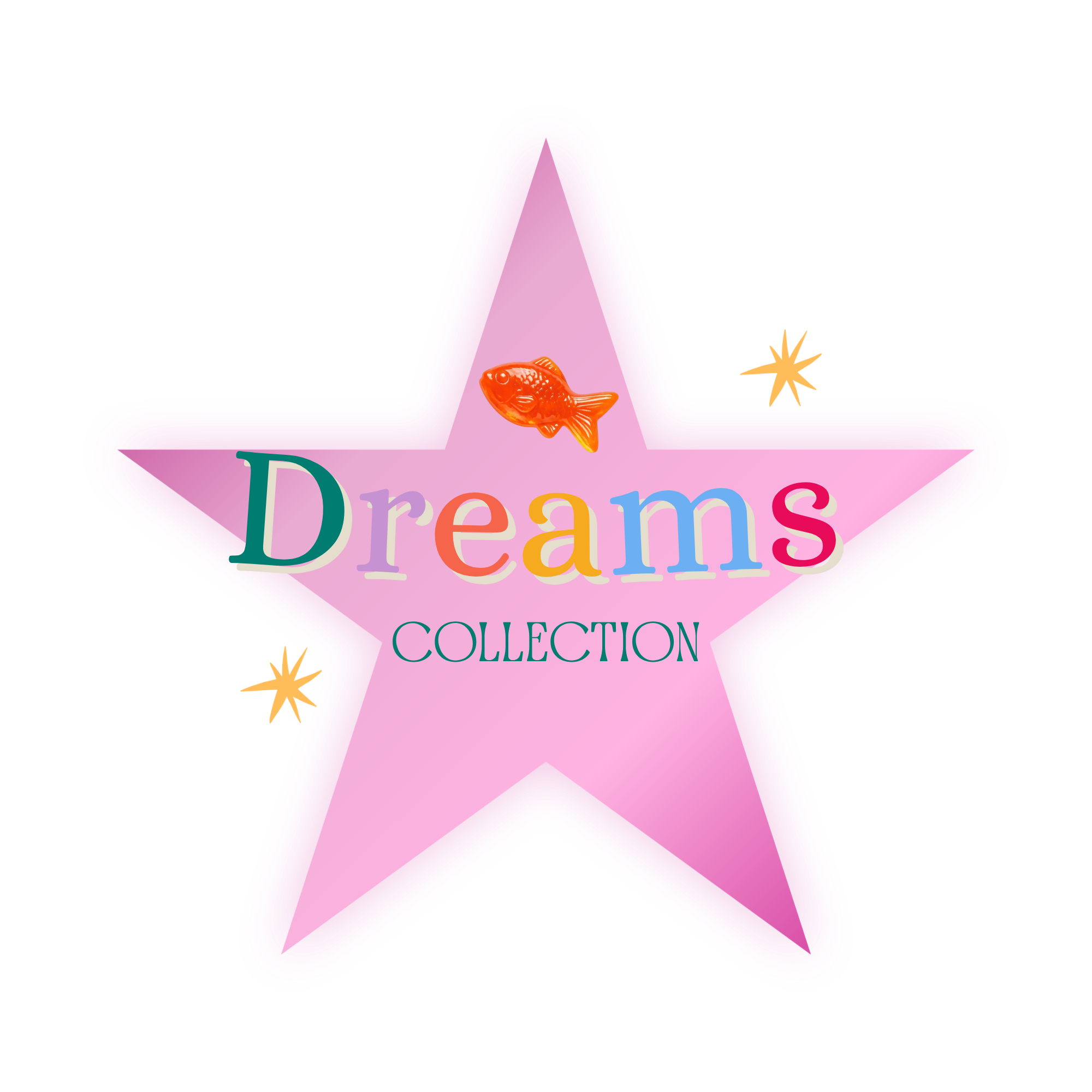 Pink star with colorful text reading "Dreams Collection" and a small fish and star accents.