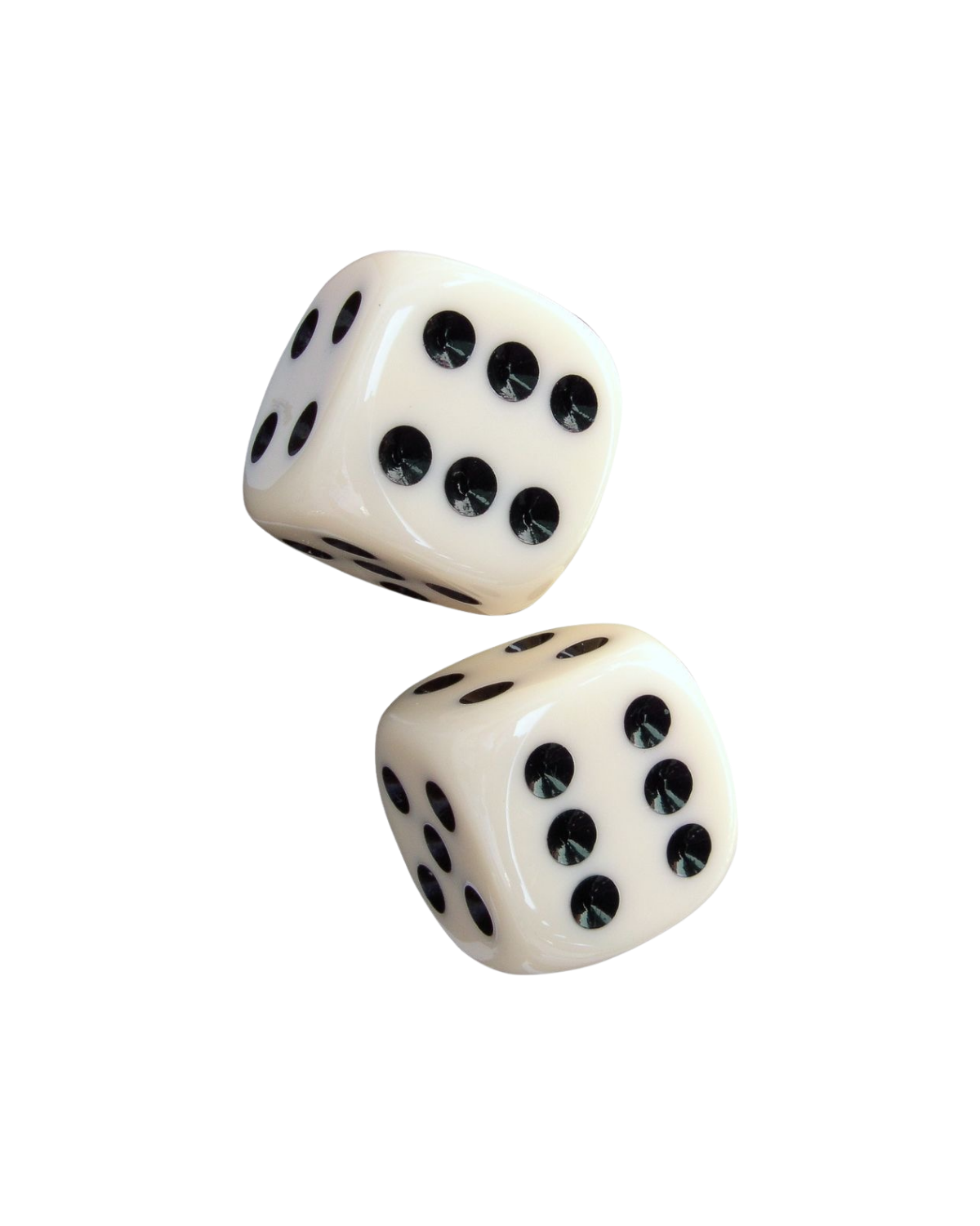 Two white dice with black dots, one showing five and the other showing four, floating against a black background.
