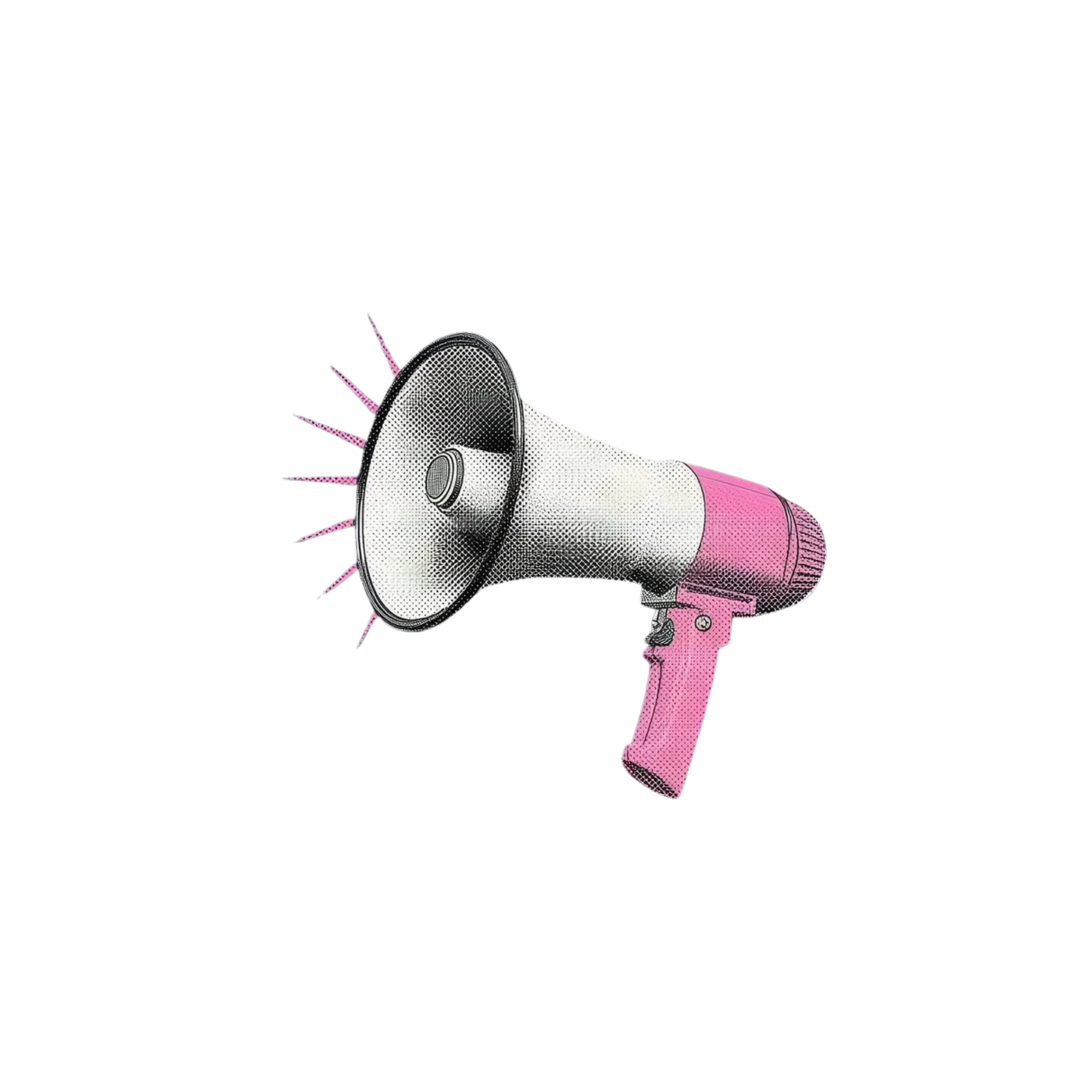 A black and white vintage-style illustration of a loudspeaker with pink accents, emitting sound waves.