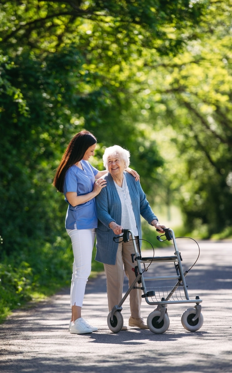 A nurse or caregiver comforting an elderly woman with a walker on a tree-lined path in a park or outdoor area.