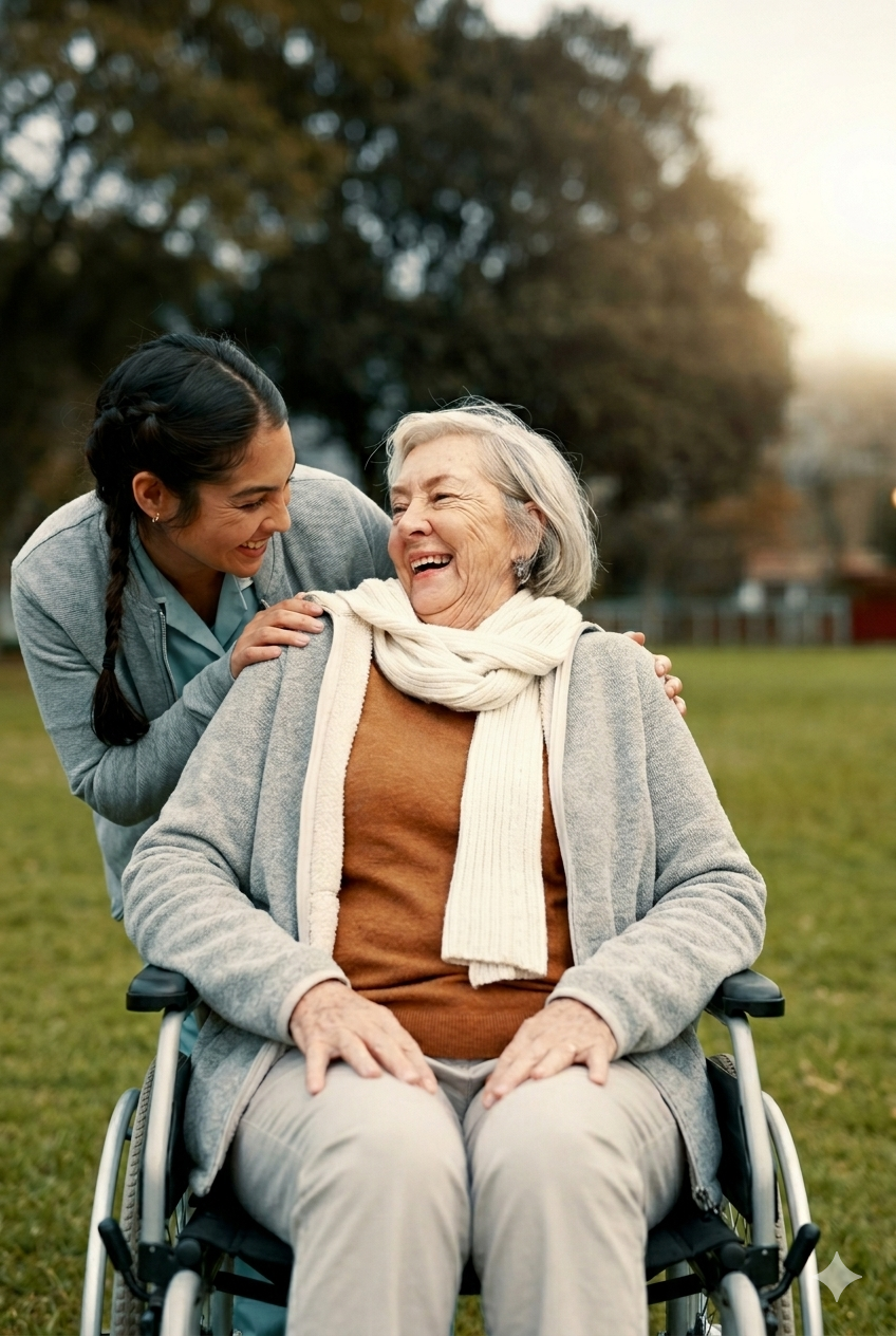 An elderly woman with gray hair sitting in a wheelchair, smiling and looking at a young woman who is standing behind her, smiling and leaning towards her. They are outdoors in a park with trees in the background, during sunset.