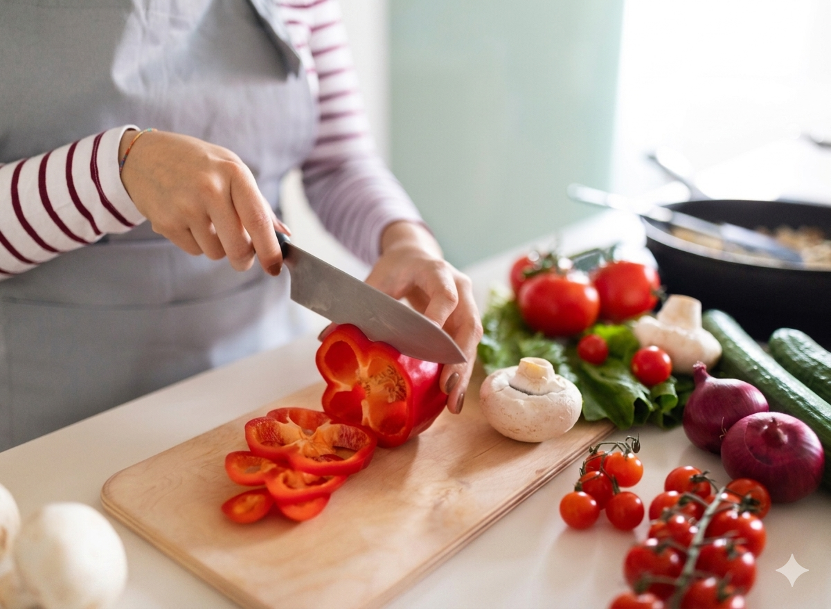 Person slicing a red bell pepper on a cutting board surrounded by tomatoes, cucumbers, onions, and mushrooms in a kitchen.