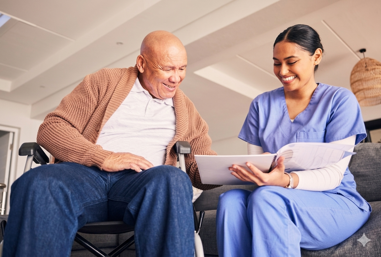 A young female healthcare worker in blue scrubs smiling and showing a notebook to an elderly man in a wheelchair, who is also smiling.