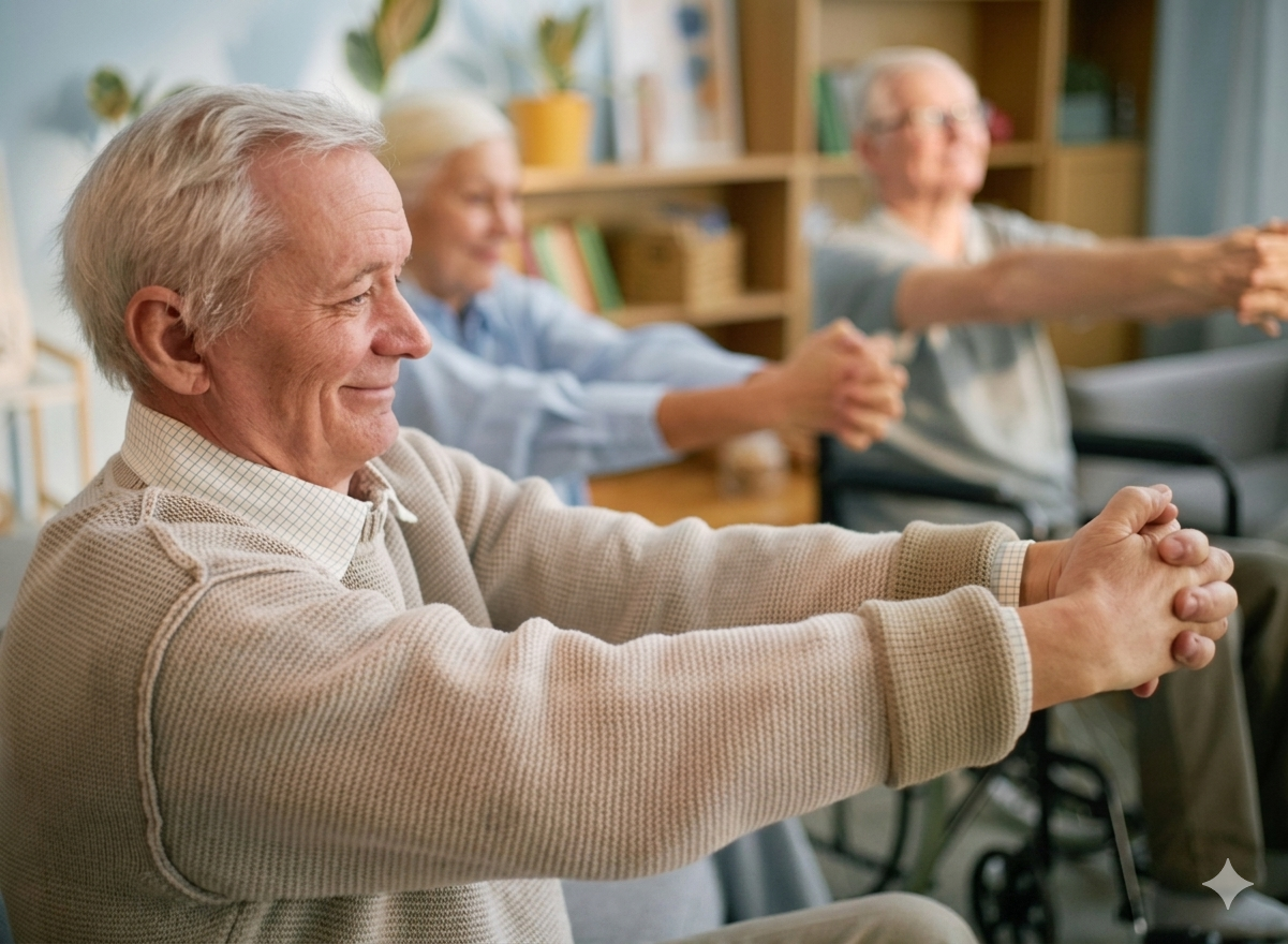 Older adults participating in a seated stretching exercise in a brightly lit room.