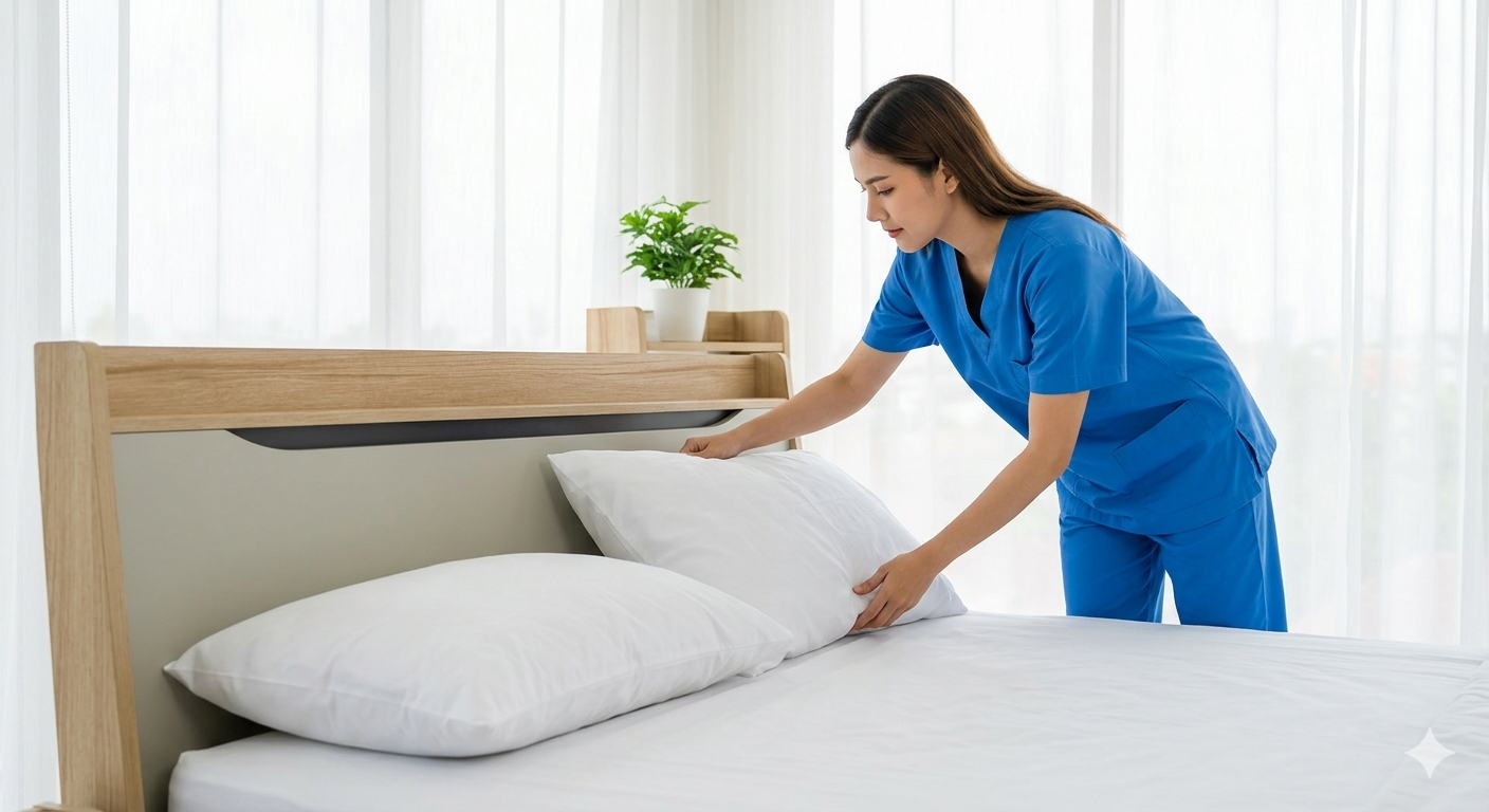 A female nurse changing bed sheets in a bright, airy room with white curtains and a potted plant.