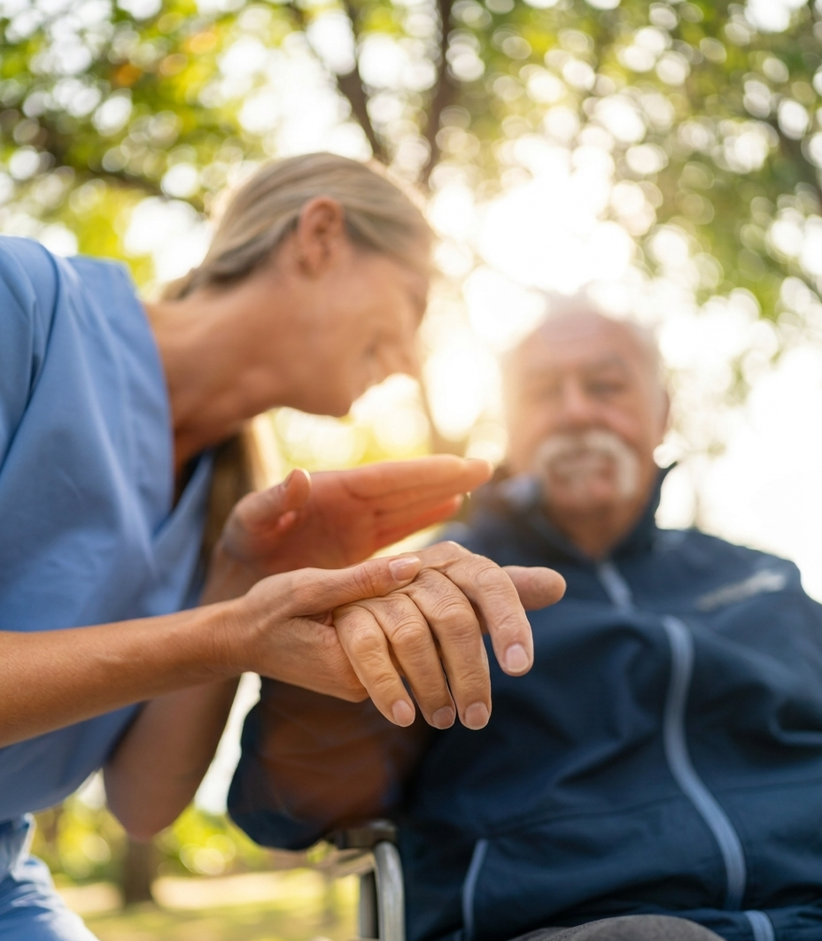 A female caregiver speaking to an elderly man in a wheelchair outdoors, with sunlight filtering through trees in the background.