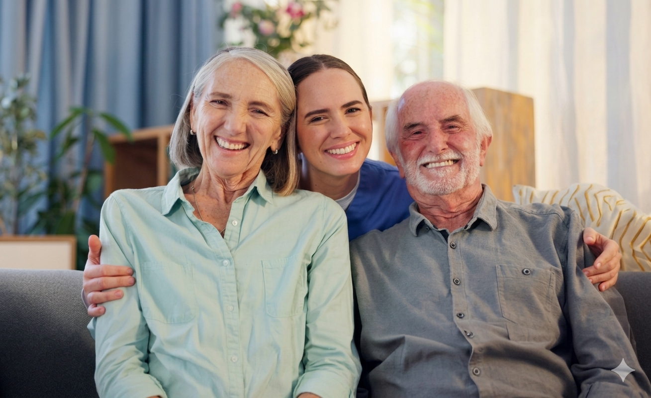 A smiling elderly woman, a young woman, and a smiling elderly man sitting together on a couch in a living room.
