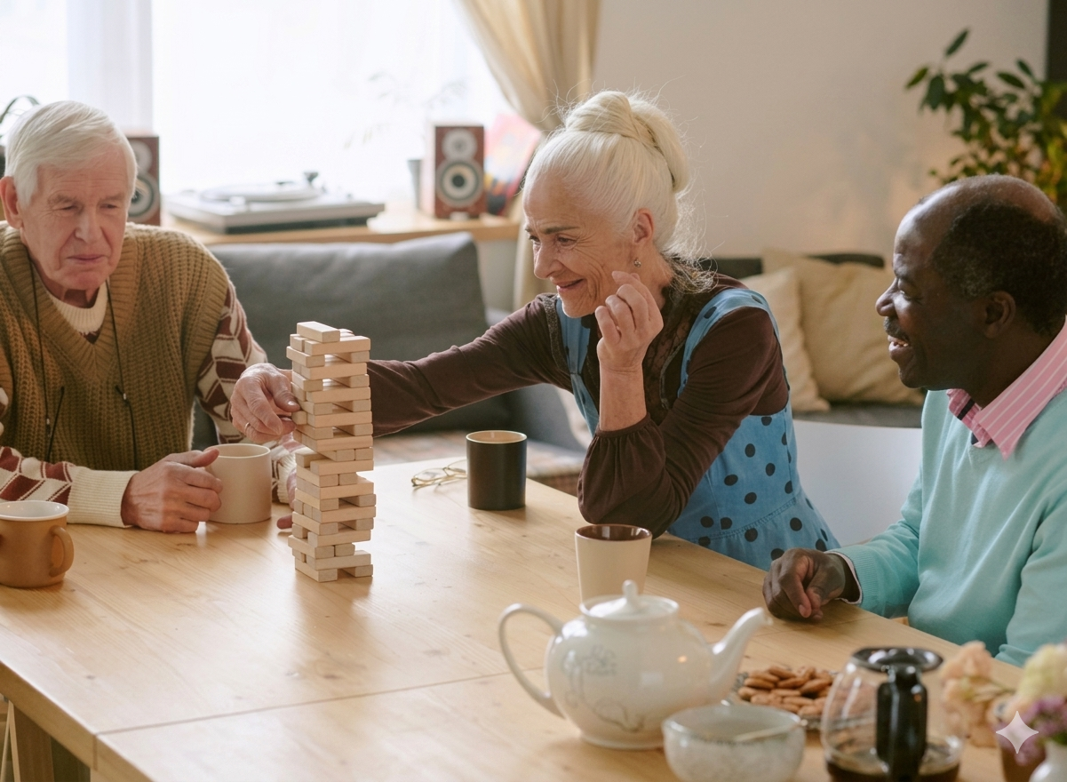 Three elderly people playing a game of Jenga at a wooden table in a cozy living room, with cups and snacks on the table.