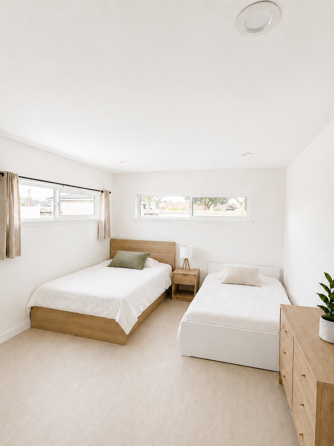 A bright, minimal bedroom with two beds, a wooden bedside table with a lamp, a wooden dresser with a plant, and windows with beige curtains.