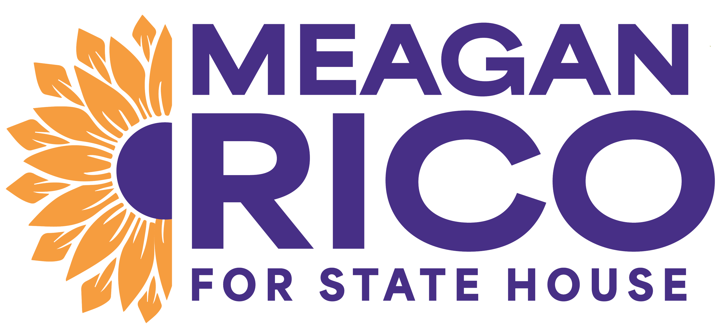 Meagan Rico for State House campaign logo featuring a stylized orange sunflower with purple text that reads 'MEAGAN RICO FOR STATE HOUSE'.