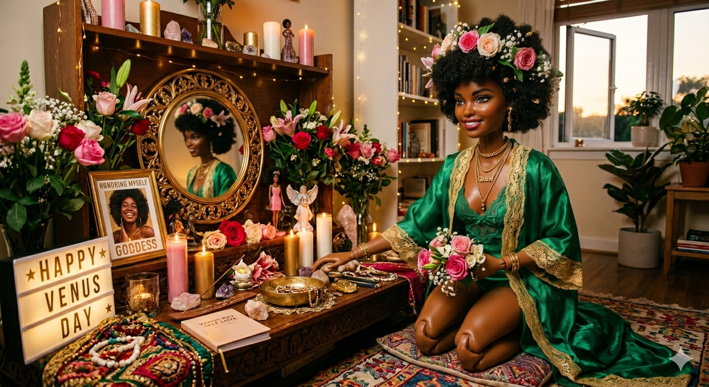 A woman with a natural afro hairstyle wearing a green satin dress with gold lace trim and a flower crown, kneels in front of an altar decorated with flowers, candles, and crystals, smiling peacefully.