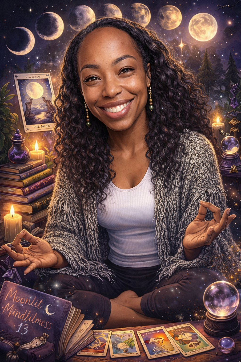 A woman with curly hair smiling while sitting cross-legged, surrounded by tarot cards, candles, and mystical objects, with a starry night sky and moon phases in the background.
