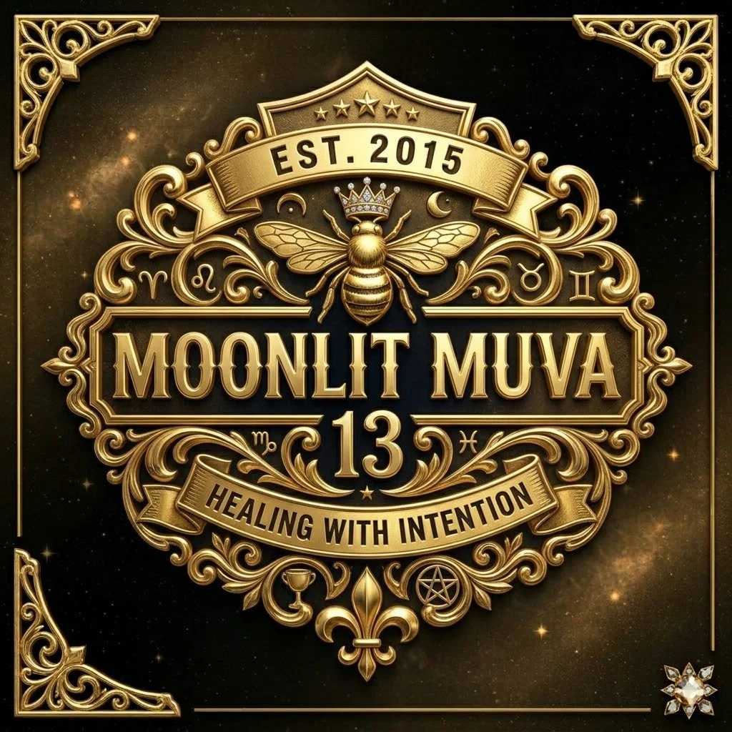 Gold embossed emblem with a bee wearing a crown, the text 'EST. 2015' on a banner, 'MOONLIT MUVA 13' in large letters, and 'Healing with Intention' on a ribbon, set against a starry black background with ornate decorative elements.