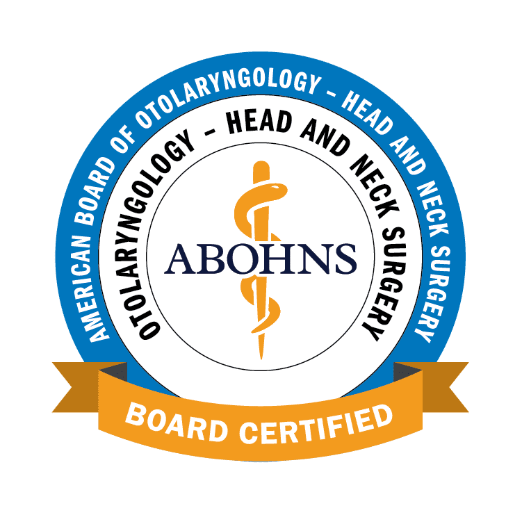 A circular badge with the text 'American Board of Otolaryngology - Head and Neck Surgery,' 'Board Certified,' and 'ABOHNS.' The badge features a blue outer ring and an orange ribbon at the bottom, with a caduceus symbol in the center.