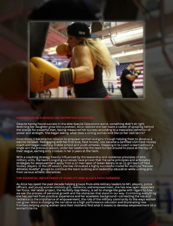 Woman boxing in a gym with text discussing empowerment and leadership.