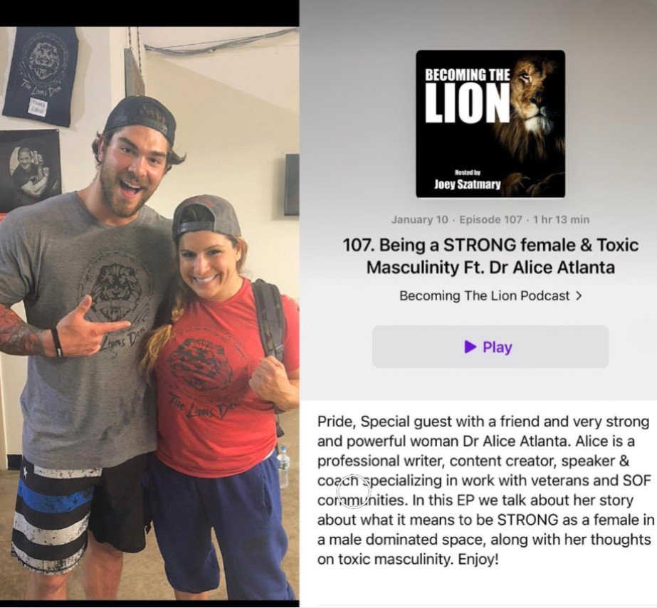 Two people wearing workout attire, one in a gray T-shirt and beanie, the other in a red T-shirt and backward cap, pose for a photo inside a gym with wall decorations. The adjacent text promotes "Becoming The Lion" podcast, episode 107, discussing str