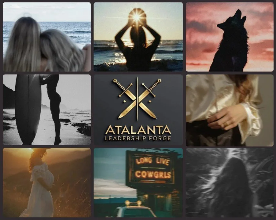 Collage with various images of empowered women and the logo for "Atalanta Leadership Forge" with two crossed golden swords on a dark background.
