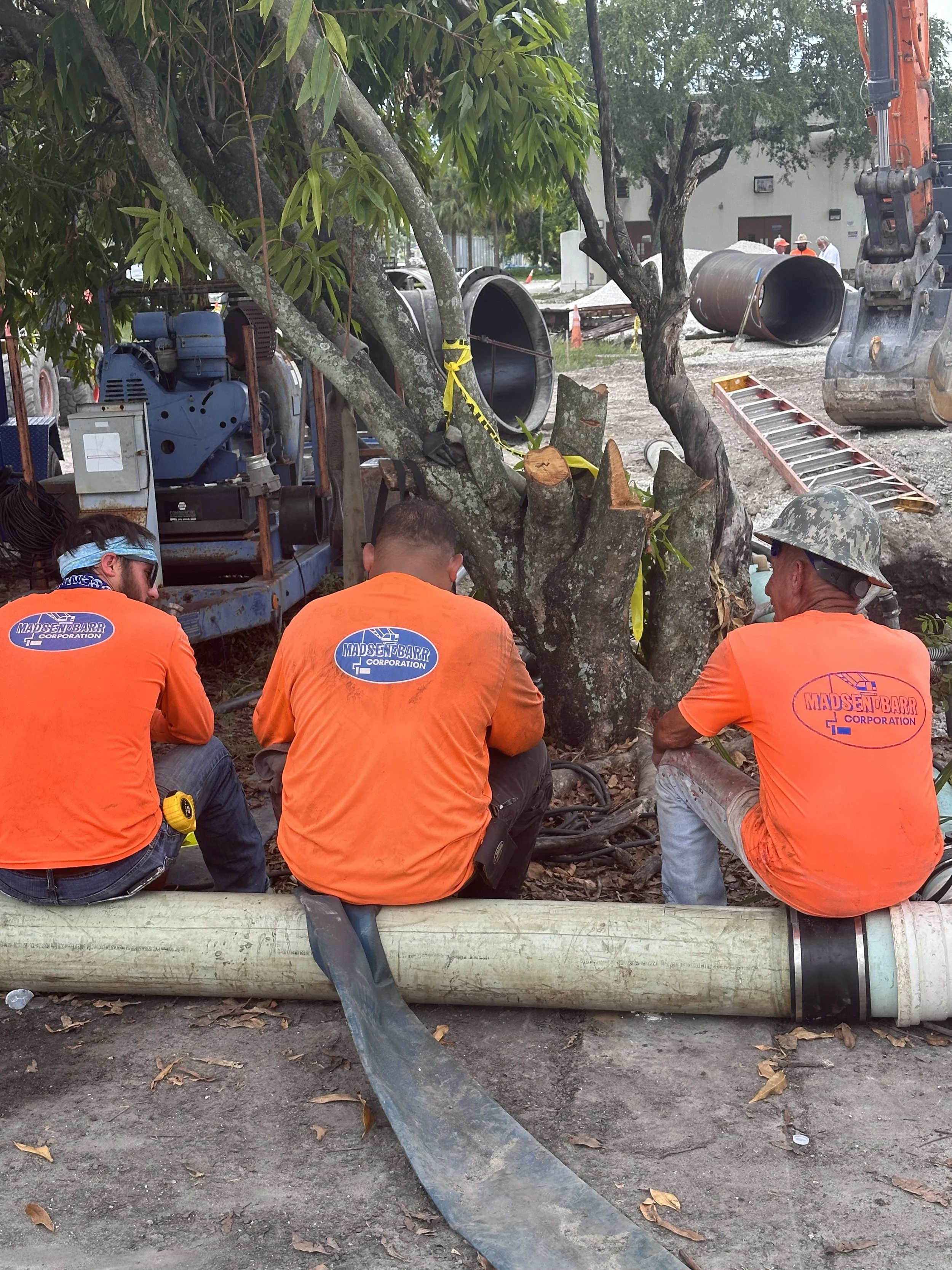 Construction workers wearing orange shirts and safety helmets are working on a tree removal or construction project. They are sitting on a pipe and appear to be discussing the project, with construction equipment and materials visible around them.