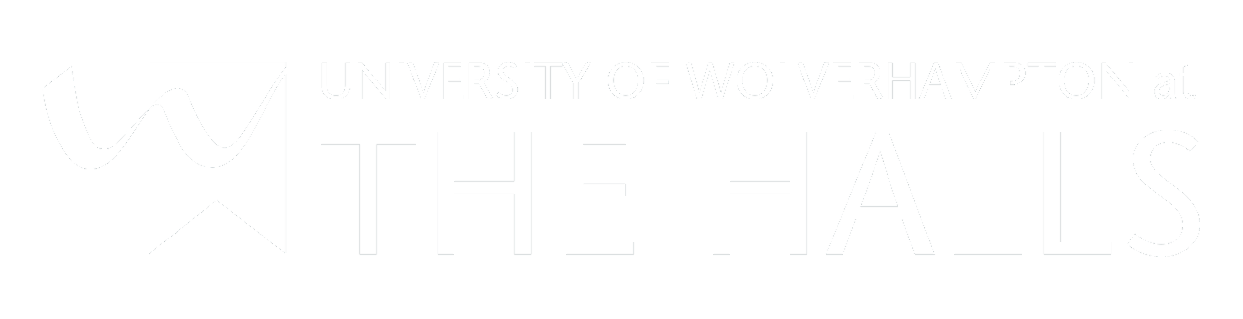 Logo of the University of Wolverhampton at The Halls with black background and white text