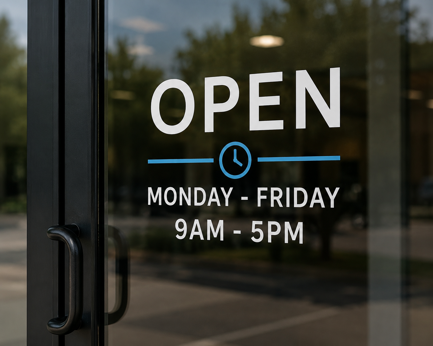 A glass door with a sign that reads "Open" and includes operating hours, Monday through Friday, 9AM to 5PM, with a clock icon and blue lines.