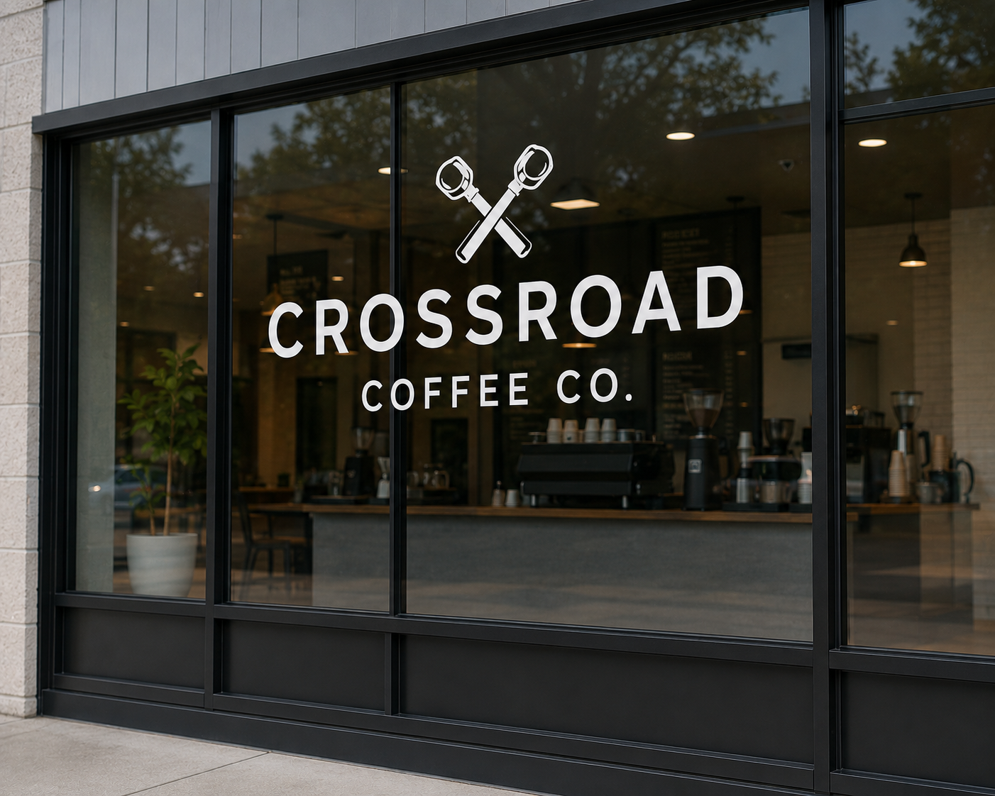 Front window of Crossroad Coffee Co. with logo, showing inside coffee shop with baristas and coffee equipment.
