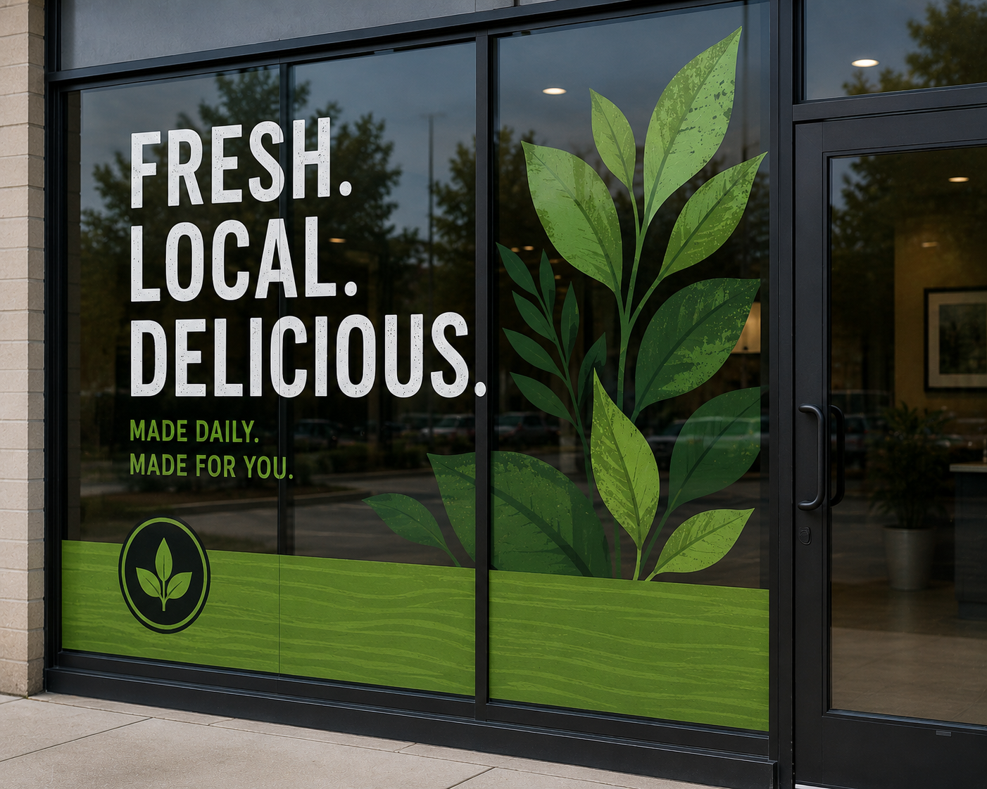 Storefront window with text "FRESH. LOCAL. DELICIOUS." and a graphic of green leaves; smaller text "MADE DAILY. MADE FOR YOU." and a logo with a leaf inside a circle.