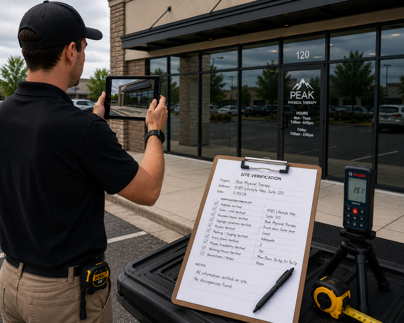 A man taking a photo of the exterior of a business called PEAK PHYSICAL THERAPY with his phone. The business has a glass facade with doors and window signs displaying hours. There is a site verification checklist on a clipboard, a digital thermometer, and measuring tools on a table.