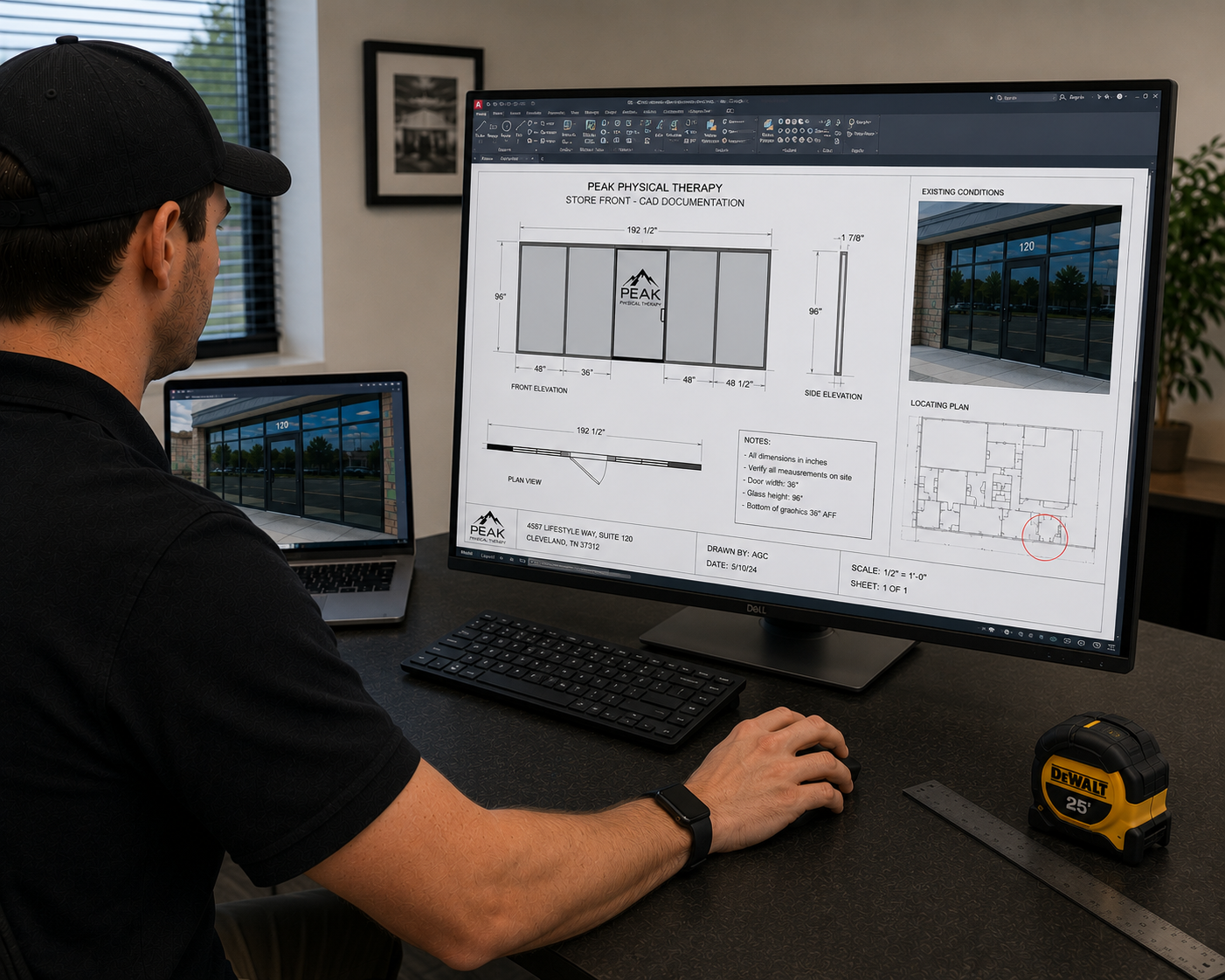 A person working on CAD design of a store front on a large monitor, with a laptop displaying the same image, on a black desk with a measuring tape and ruler nearby.