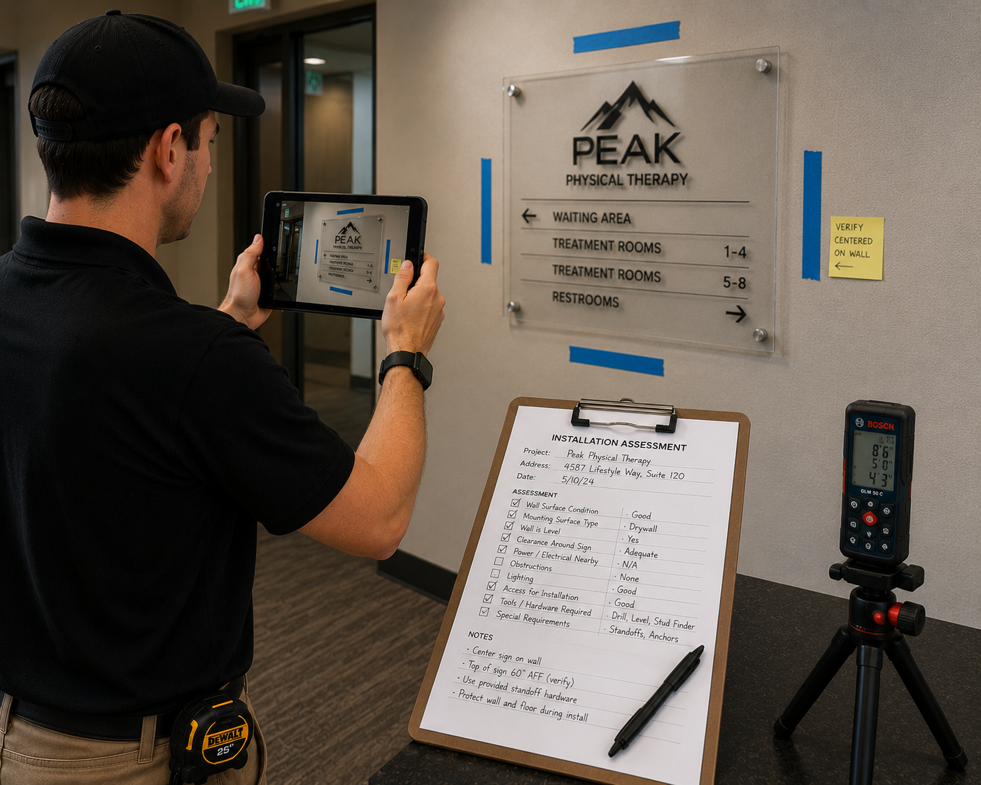 Man taking a photo of a wall sign for Peak Physical Therapy with a tablet, standing near a clipboard with a project assessment form, a laser measuring device, and a yellow sticky note that says verify centered on wall