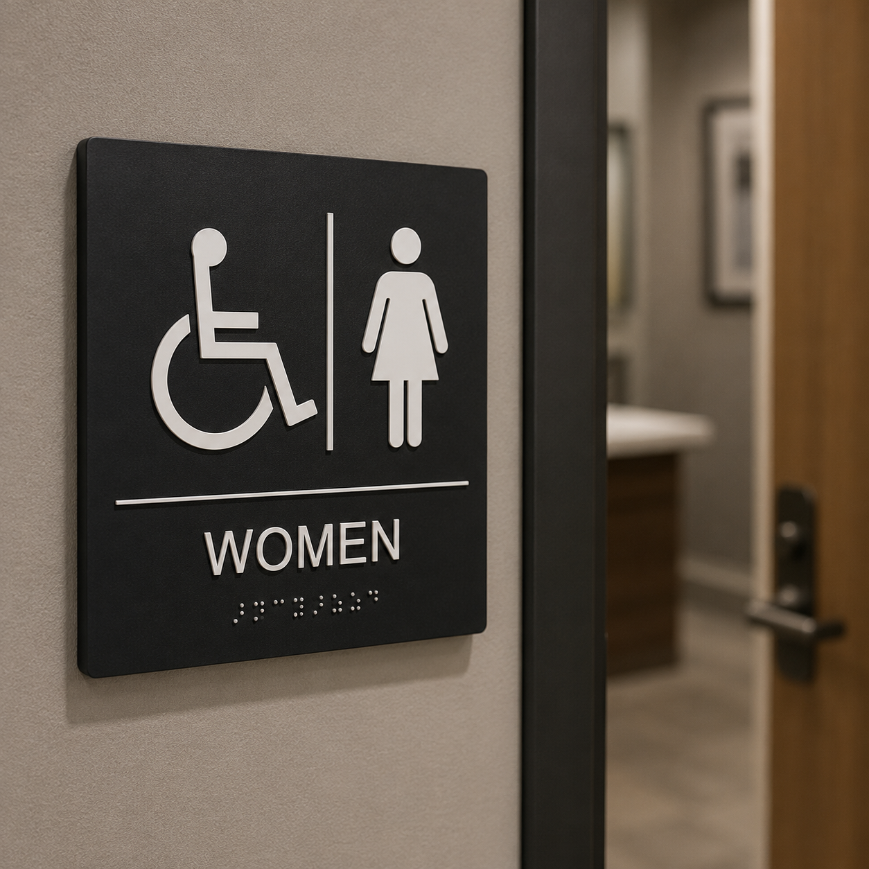 Bathroom door sign indicating it is for women and accessible for individuals with disabilities.