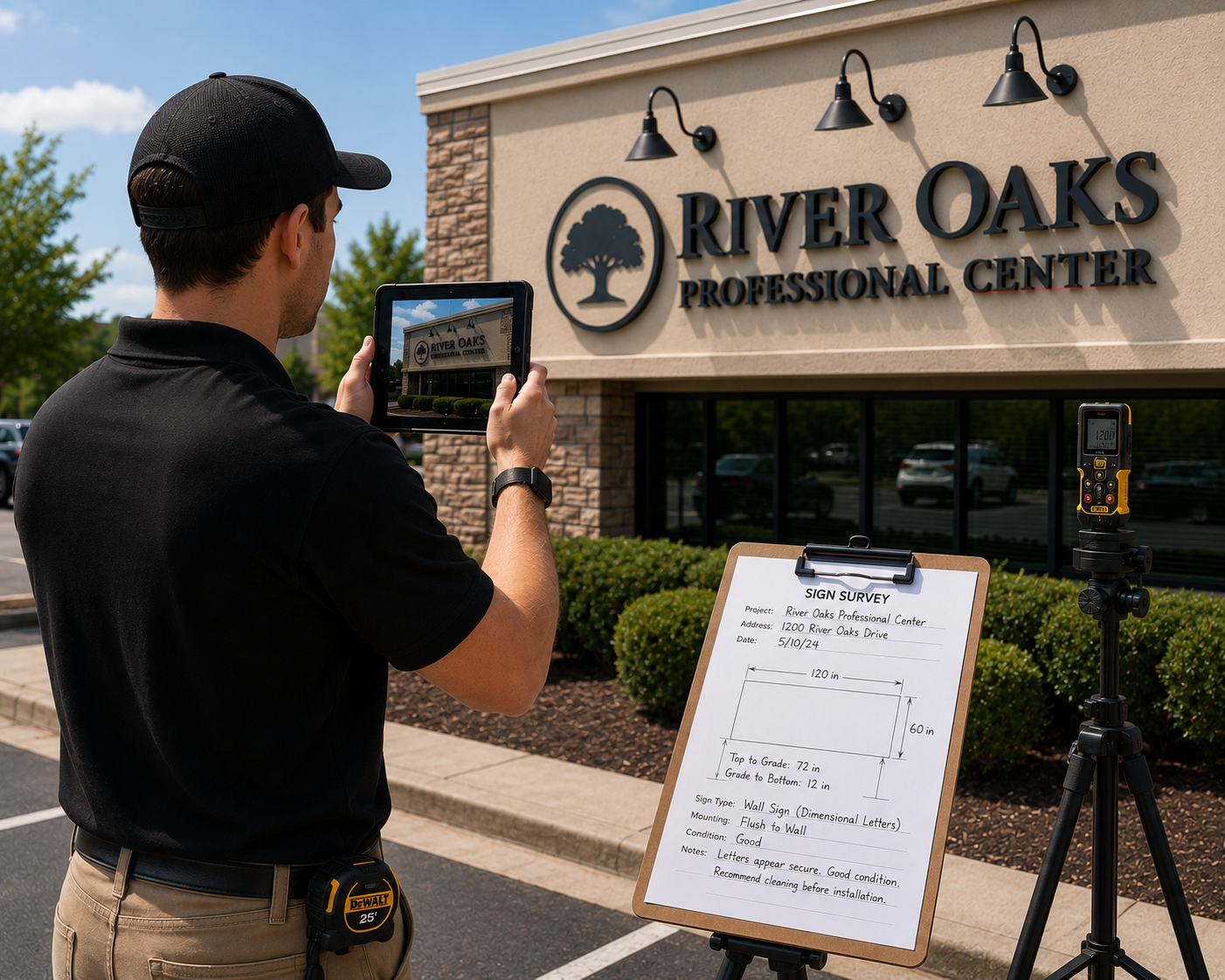 A man taking a photo of the exterior of the River Oaks Professional Center with a tablet, standing next to a sign survey display and a laser distance meter.