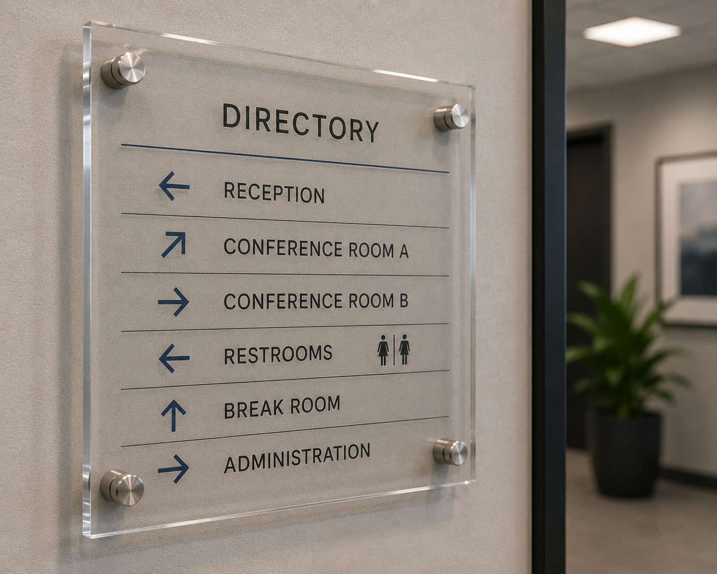 Sign with directory directions inside an office building. The sign lists reception, conference rooms A and B, restrooms, break room, and administration, with arrows indicating directions.